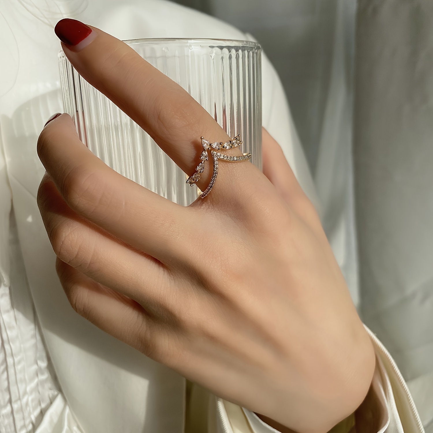 Adjustable V-Shaped Ring with Zirconia Stone Accents